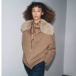 100% WOOL FAUX FUR LAPEL JACKET